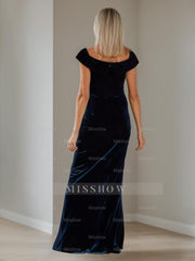 V-Neck A-Line Princess Floor-Length Velvet Mother of the Bride Dress with Side Split and Short Sleeves