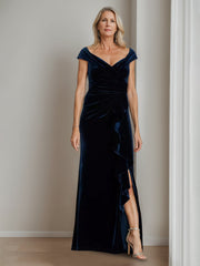 V-Neck A-Line Princess Floor-Length Velvet Mother of the Bride Dress with Side Split and Short Sleeves