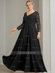V-Neck A-Line Princess Gown with 3/4 Sleeves and Sequins for Plus-Size Mother of the Bride