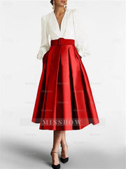 V-Neck A-Line Princess Gown with Long Sleeves and Belt for the Mother of the Bride