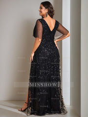 V-Neck A-Line Princess Short Sleeve Asymmetrical Mother of the Bride Dress with Sequins