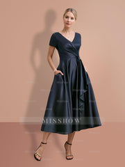 V-Neck A-Line Princess Short-Sleeve Mother of the Bride Dress