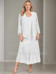 V-Neck A-Line Princess Two-Piece Plus Size Mother of the Bride Dress with Jacket and Sequins in Tea-Length