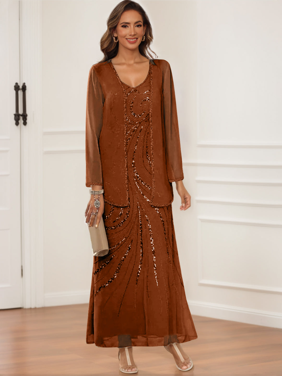 V-Neck Ankle-Length Sheath/Column Dress with Jacket & Sequins for Mothers of the Bride & Groom