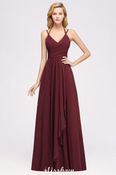 Burgundy V-neck wrap ruffle chiffon bridesmaid dress