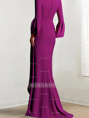 V-Neck Floor-Length Mother of the Bride Dress With Side Split and Long Sleeves