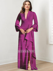 V-Neck Floor-Length Mother of the Bride Dress With Side Split and Long Sleeves