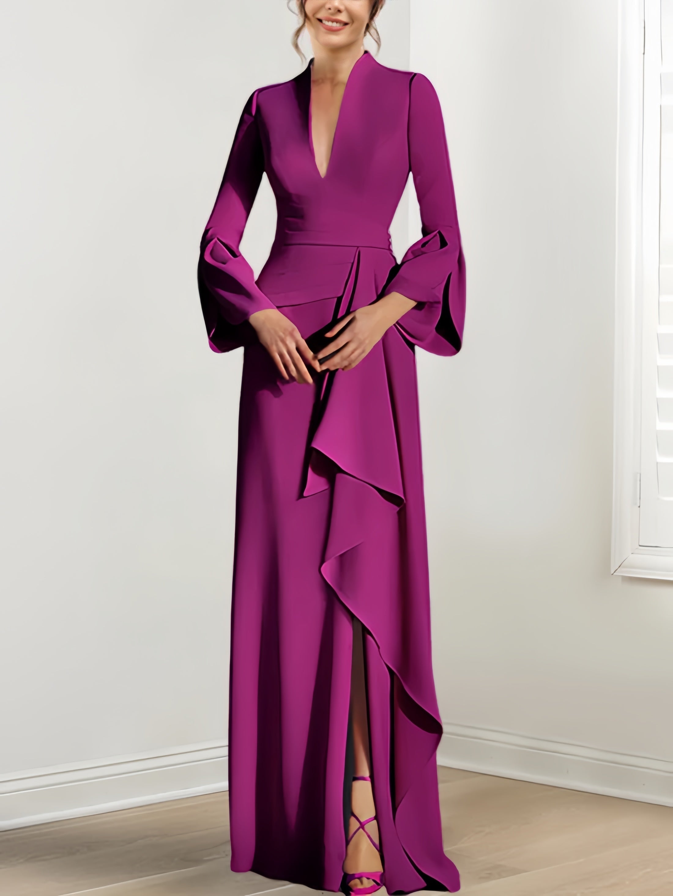 V-Neck Floor-Length Mother of the Bride Dress With Side Split and Long Sleeves
