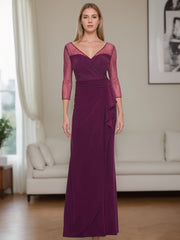 V-Neck Floor-Length Mother of the Bride Dress with Rhinestones Ruched Details and Ruffles