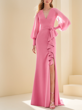 V-Neck Floor-Length Sheath Gown with Ruffles for the Mother of the Bride
