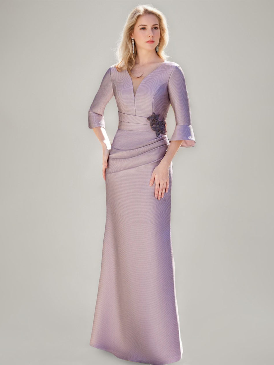 V-Neck Floor-Length Trumpet/Mermaid Mother of the Bride Dresses with Ruched Detail Ruffled Sleeves and Jewel Appliques