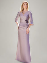 V-Neck Floor-Length Trumpet/Mermaid Mother of the Bride Dresses with Ruched Detail Ruffled Sleeves and Jewel Appliques