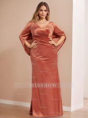 V-Neck Floor-Length Velvet Mother of the Bride Sheath Dress with Ruffled Half Sleeves