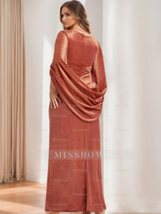V-Neck Floor-Length Velvet Mother of the Bride Sheath Dress with Ruffled Half Sleeves