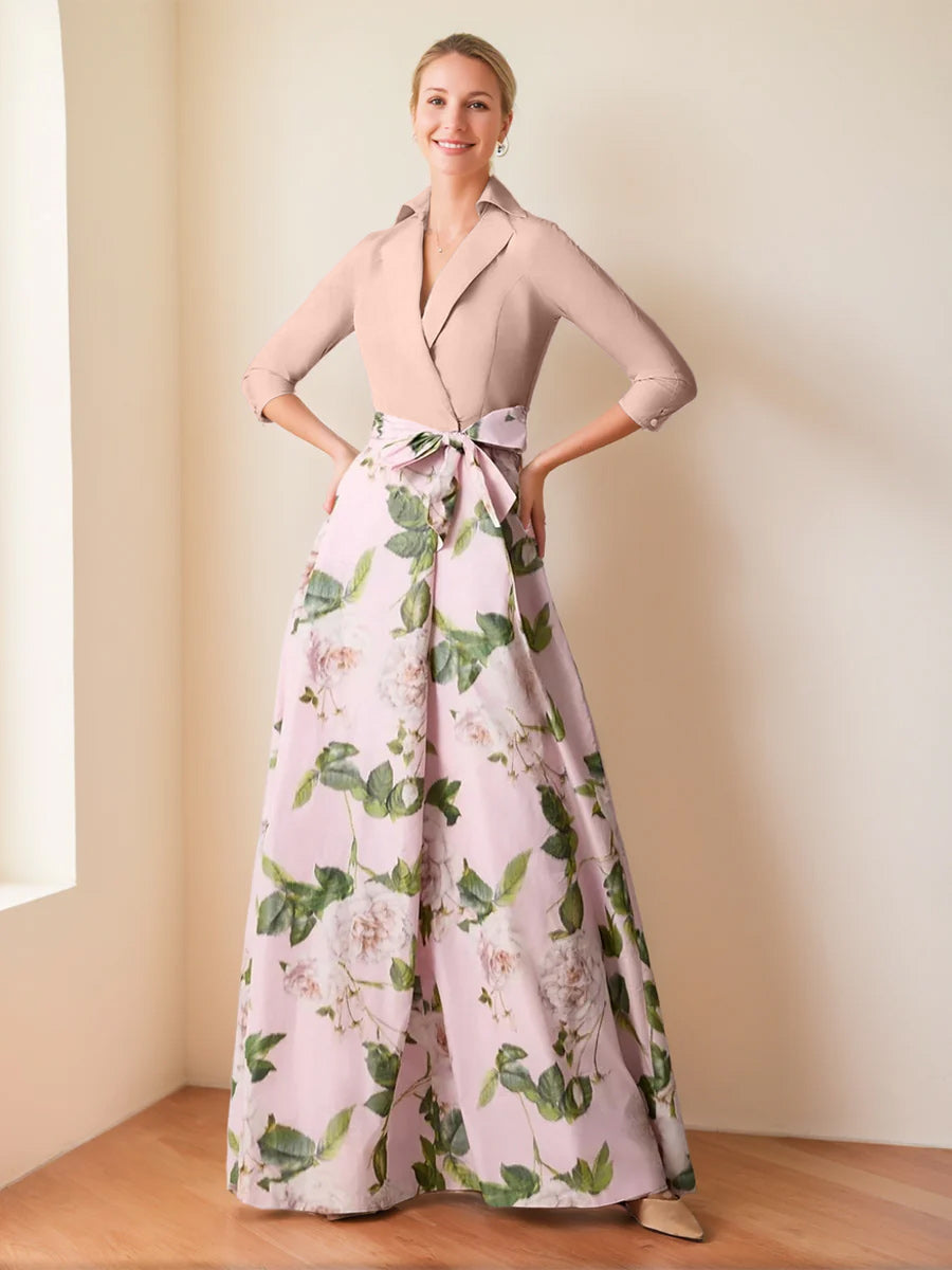 V-Neck Floral Print Mother of the Bride Dress with Bow Belt A-Line/Princess Cut and 3/4 Sleeves