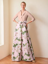 V-Neck Floral Print Mother of the Bride Dress with Bow Belt A-Line/Princess Cut and 3/4 Sleeves