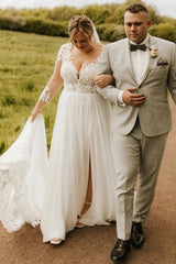 V-Neck Illusion Botanical Leaf Lace Long Sleeve Low V Back Chiffon A-Line Plus Size Wedding Dress Front Slit Chapel Train Lace Hem