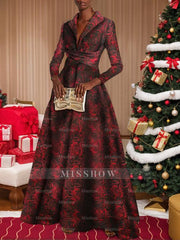 V-Neck Long-Sleeve A-Line Floral Print Red Rose Dress for Mothers of the Bride & Groom