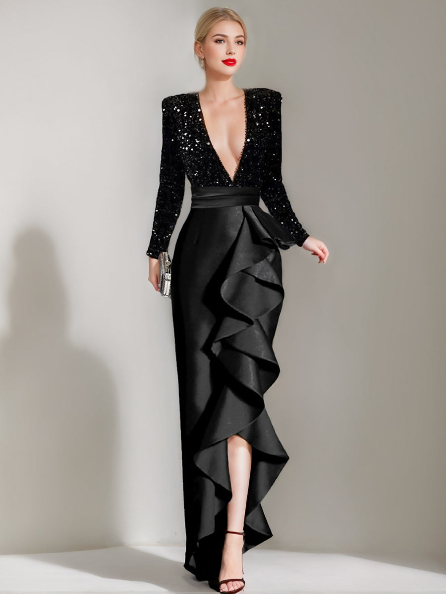 V-Neck Long-Sleeve Asymmetrical Evening Gown with Sequins and Ruffles