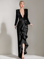 V-Neck Long-Sleeve Asymmetrical Evening Gown with Sequins and Ruffles