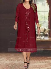 V-Neck Long-Sleeve Tea-Length Plus Size Mother of the Bride Dress with Jacket and Sequins