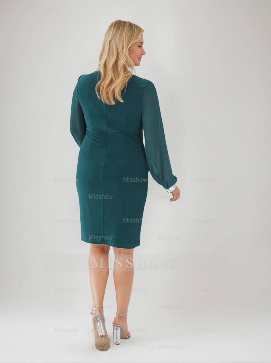 V-Neck Ruched Knee-Length Plus Size Mother of the Bride Sheath Dress with Rhinestone