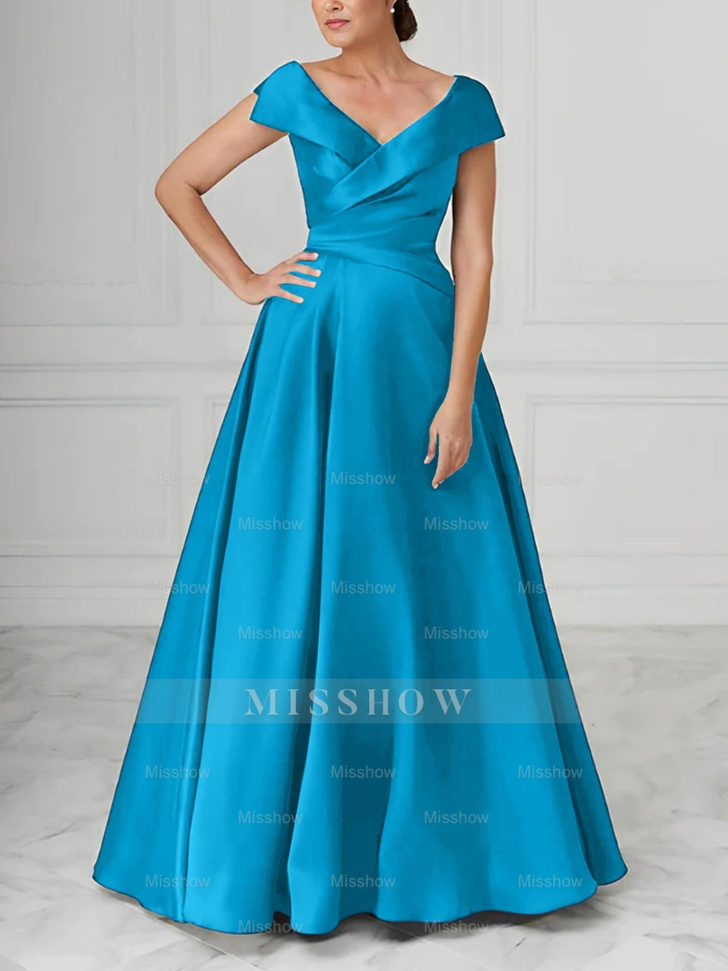 V-Neck Satin A-Line Mother of the Bride Dresses with Ruched Princess Details