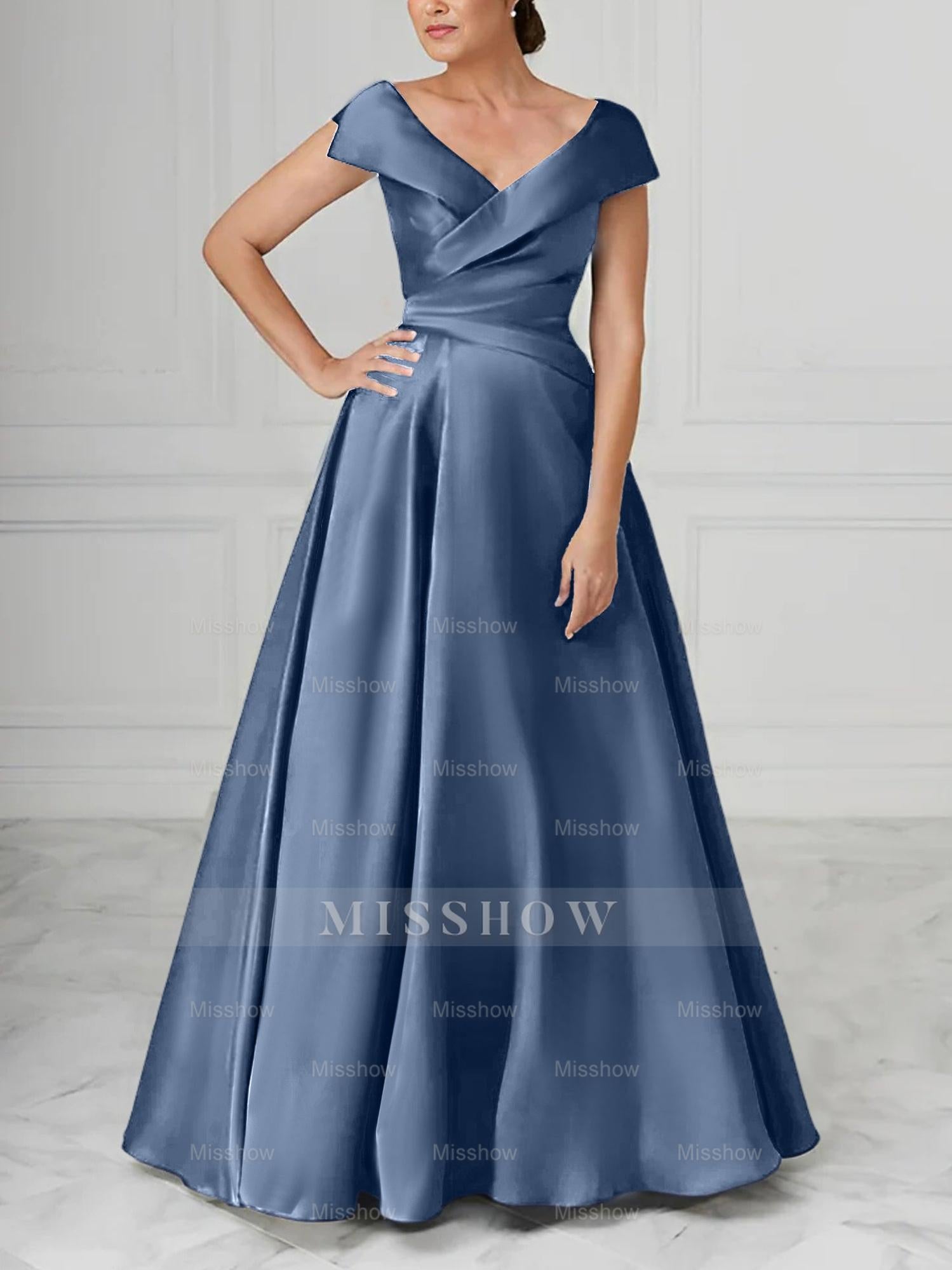 V-Neck Satin A-Line Mother of the Bride Dresses with Ruched Princess Details