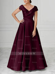V-Neck Satin A-Line Mother of the Bride Dresses with Ruched Princess Details