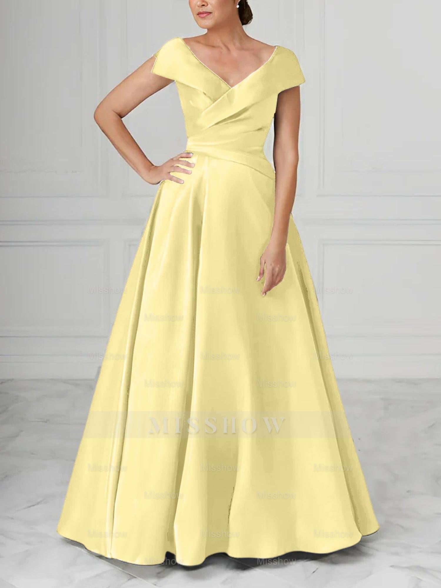 V-Neck Satin A-Line Mother of the Bride Dresses with Ruched Princess Details