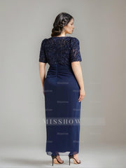 V-Neck Short-Sleeve Ankle-Length Plus Size Sheath/Column Mother of the Bride Dress with Sequins & Ruches