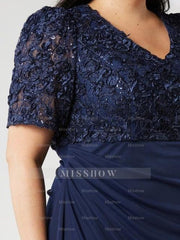 V-Neck Short-Sleeve Ankle-Length Plus Size Sheath/Column Mother of the Bride Dress with Sequins & Ruches