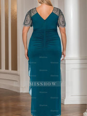 V-Neck Short-Sleeve Beaded Lace Ankle-Length Plus-Size Mother of the Bride Sheath Dress