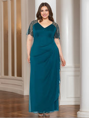V-Neck Short-Sleeve Beaded Lace Ankle-Length Plus-Size Mother of the Bride Sheath Dress