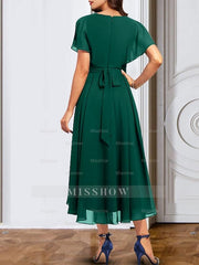V-Neck Short Sleeve Chiffon Mother of the Bride A-Line Dress with Belt