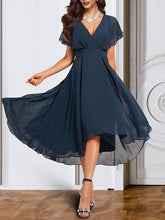 V-Neck Short Sleeve Chiffon Mother of the Bride A-Line Dress with Belt