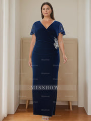 V-Neck Short Sleeve Floor-Length Velvet Sheath Dress with Ruffles and Appliques for the Mother of the Bride