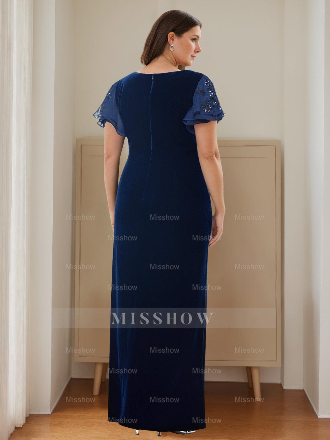 V-Neck Short Sleeve Floor-Length Velvet Sheath Dress with Ruffles and Appliques for the Mother of the Bride