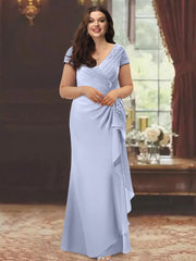 V-Neck Short Sleeve Plus Size Mother of the Bride Sheath Dress with Ruffles and Appliques