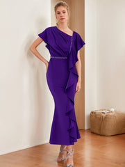 V-Neck Short-Sleeve Sheath Dress with Ruffles and Rhinestones for Mothers of the Bride & Groom