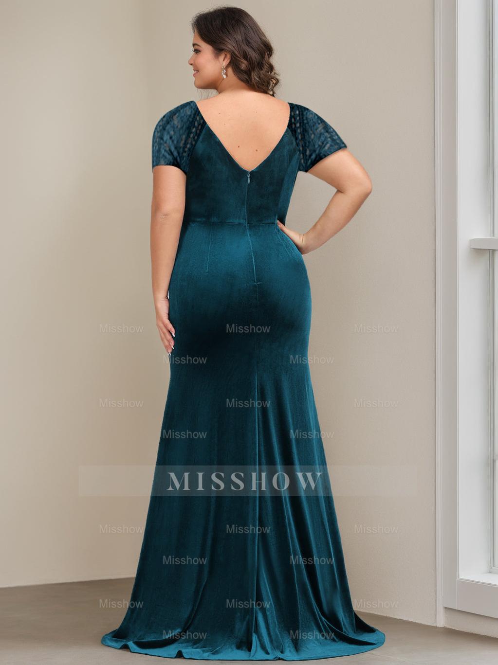 V-Neck Short-Sleeved Velvet Mother of the Bride Gown with Ruffles and Appliques in Trumpet/Mermaid Style