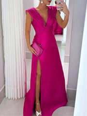 V-Neck Sleeveless Floor-Length A-Line Princess Mother of the Bride Dress with Side Split