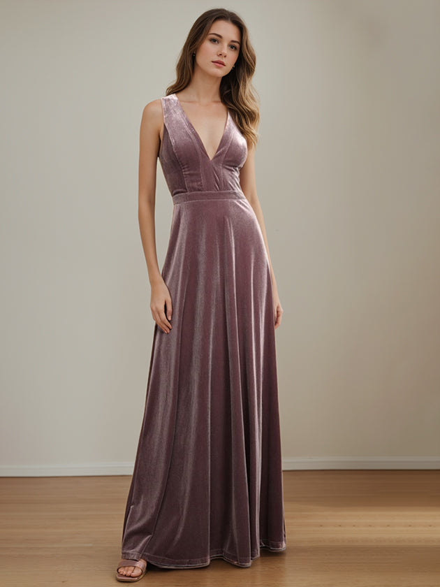 V-Neck Sleeveless Velvet Mother of the Bride A-Line Floor-Length Dress