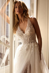 V-Neck Spaghetti Strap Criss-Cross Back Illusion 3D Lace Floral Crystal Corset Front Slit A-Line Wedding Dress Chapel Train