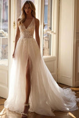 V-Neck Spaghetti Strap Criss-Cross Back Illusion 3D Lace Floral Crystal Corset Front Slit A-Line Wedding Dress Chapel Train