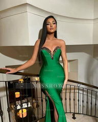 V-Neck Strapless Sleeveless Long Split Formal Dress With Rhinstones