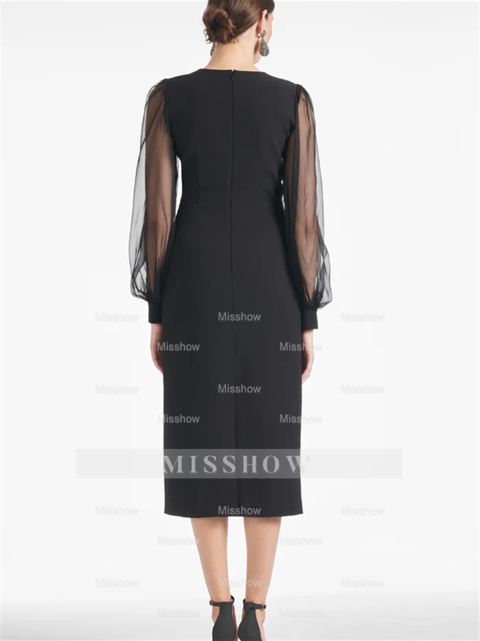 V-Neck Tea-Length Mother of the Bride Sheath/Column Dresses