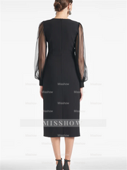 V-Neck Tea-Length Mother of the Bride Sheath/Column Dresses