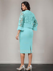 V-Neck Tea-Length Mother of the Bride Sheath/Column Dresses with Appliques and Jacket
