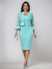 V-Neck Tea-Length Mother of the Bride Sheath/Column Dresses with Appliques and Jacket